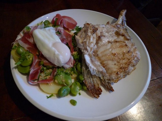 BBQ Dhufish wings with a warm salad of potato, proscuitto, broadbeans and a poached egg.