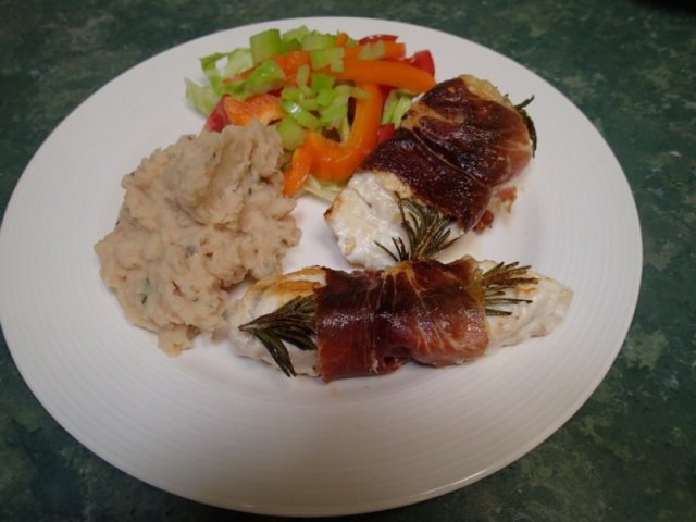 Proscuitto wrapped dhu with cannellini bean mash