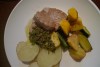 YFT with caper & lemon sauce, baby squash, courgettes and potato.