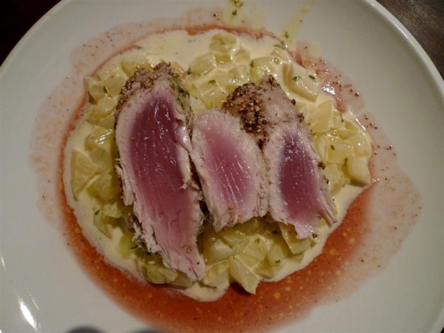 White Pepper and salt crusted Tuna on Fennel Risotto with red wine sauce.